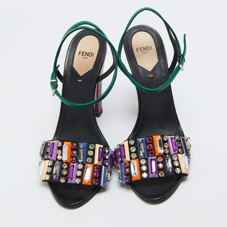 Pre Owned Fendi Multicolor Satin Fantasia Crystal Embellished Ankle Strap Sandals Size 39.5