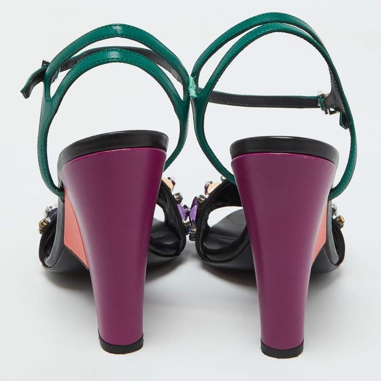 Pre Owned Fendi Multicolor Satin Fantasia Crystal Embellished Ankle Strap Sandals Size 39.5