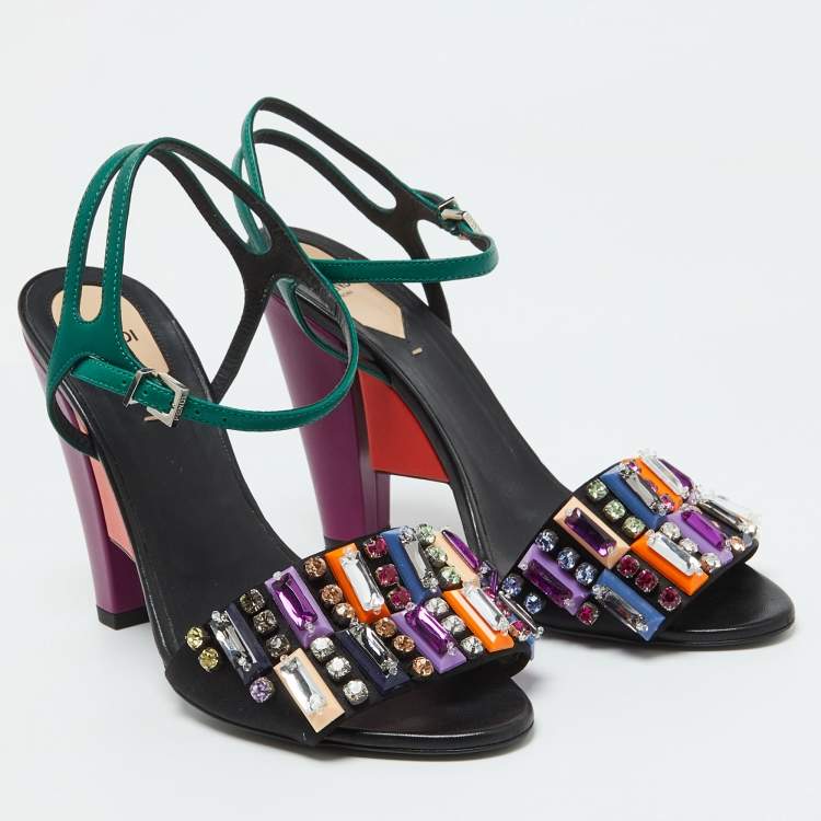 Pre Owned Fendi Multicolor Satin Fantasia Crystal Embellished Ankle Strap Sandals Size 39.5