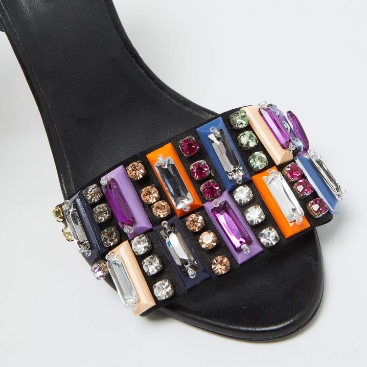 Pre Owned Fendi Multicolor Satin Fantasia Crystal Embellished Ankle Strap Sandals Size 39.5