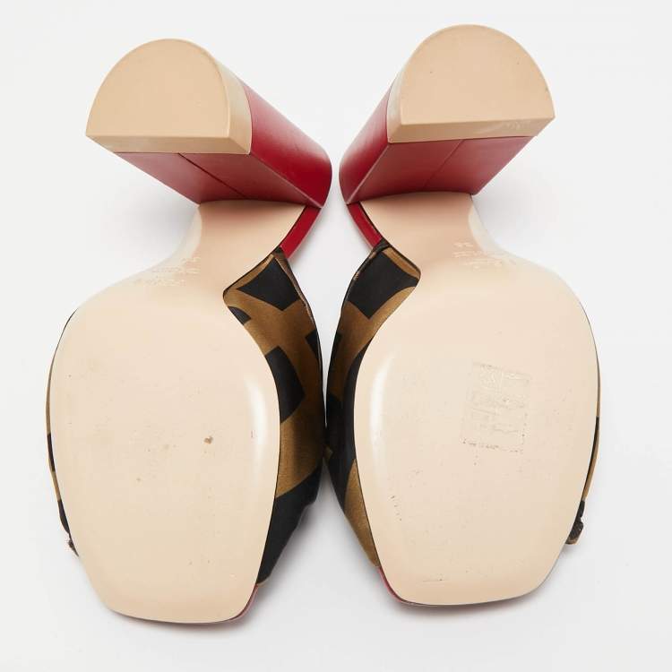 Pre Owned Fendi Brown/Black Satin Logo Twist Knotted Block Heel Sandals Size 36