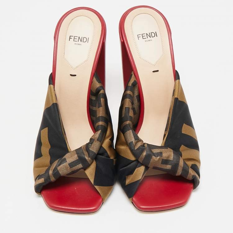 Pre Owned Fendi Brown/Black Satin Logo Twist Knotted Block Heel Sandals Size 36