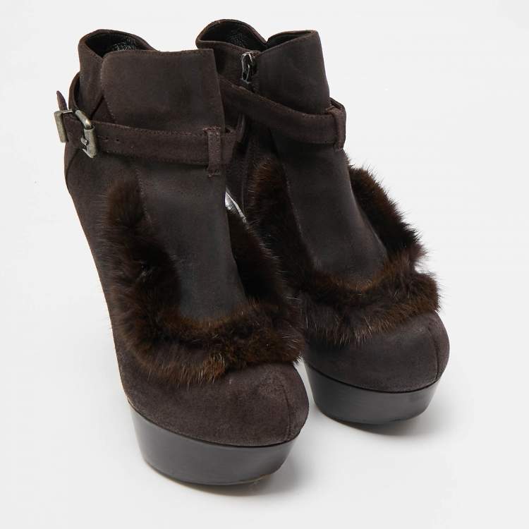 Pre Owned Fendi Brown Fur and Suede Fendista Ankle Length Boots Size 38