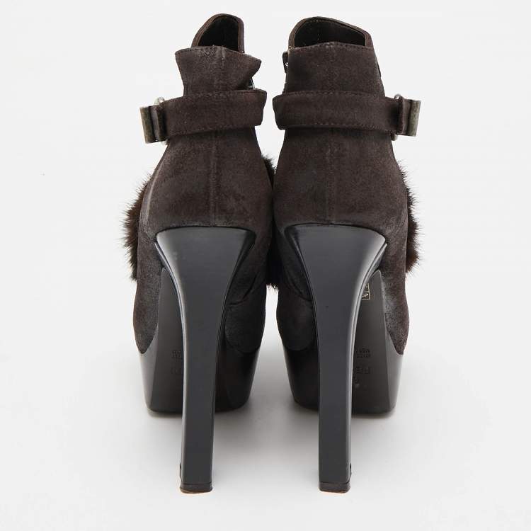 Pre Owned Fendi Brown Fur and Suede Fendista Ankle Length Boots Size 38