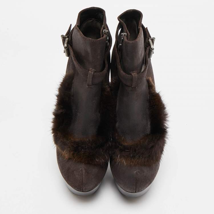 Pre Owned Fendi Brown Fur and Suede Fendista Ankle Length Boots Size 38