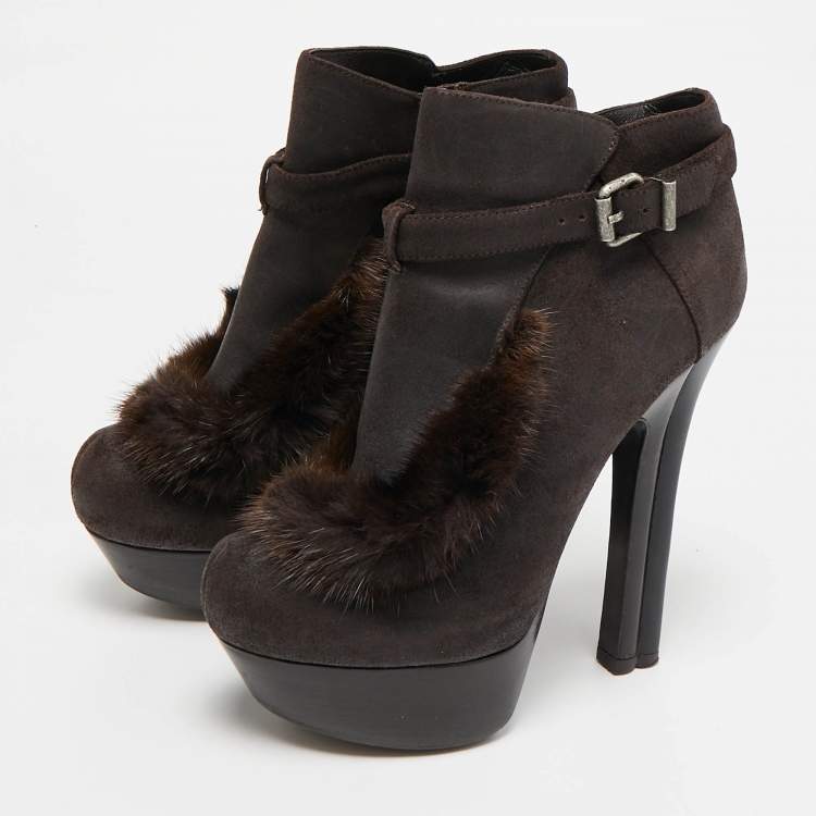 Pre Owned Fendi Brown Fur and Suede Fendista Ankle Length Boots Size 38