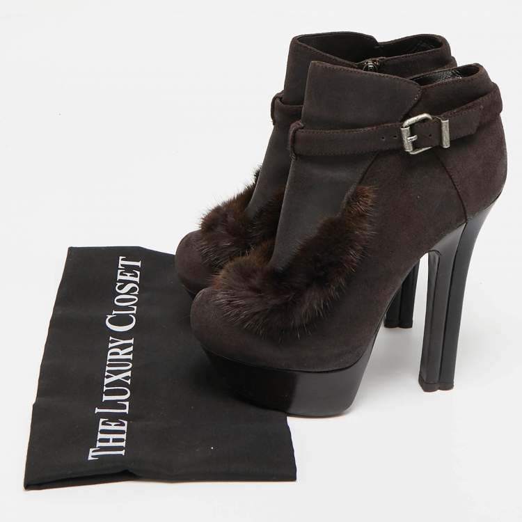 Pre Owned Fendi Brown Fur and Suede Fendista Ankle Length Boots Size 38