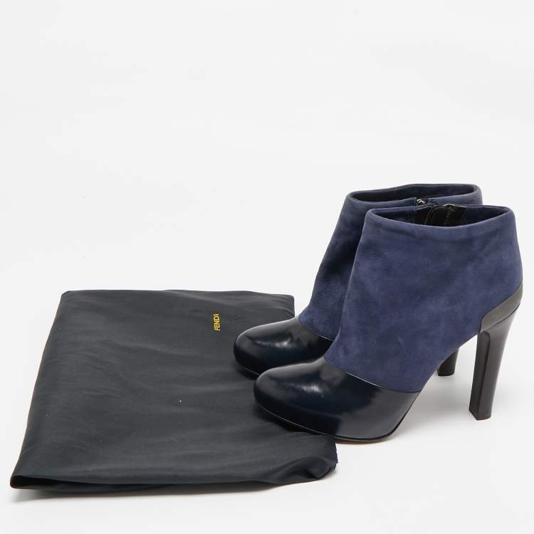 Pre Owned Fendi Navy Blue/Blue Leather and Suede Ankle Length Boots Size 37.5