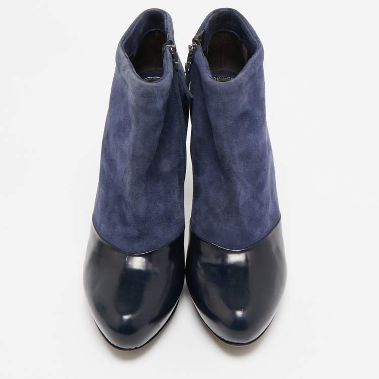 Pre Owned Fendi Navy Blue/Blue Leather and Suede Ankle Length Boots Size 37.5