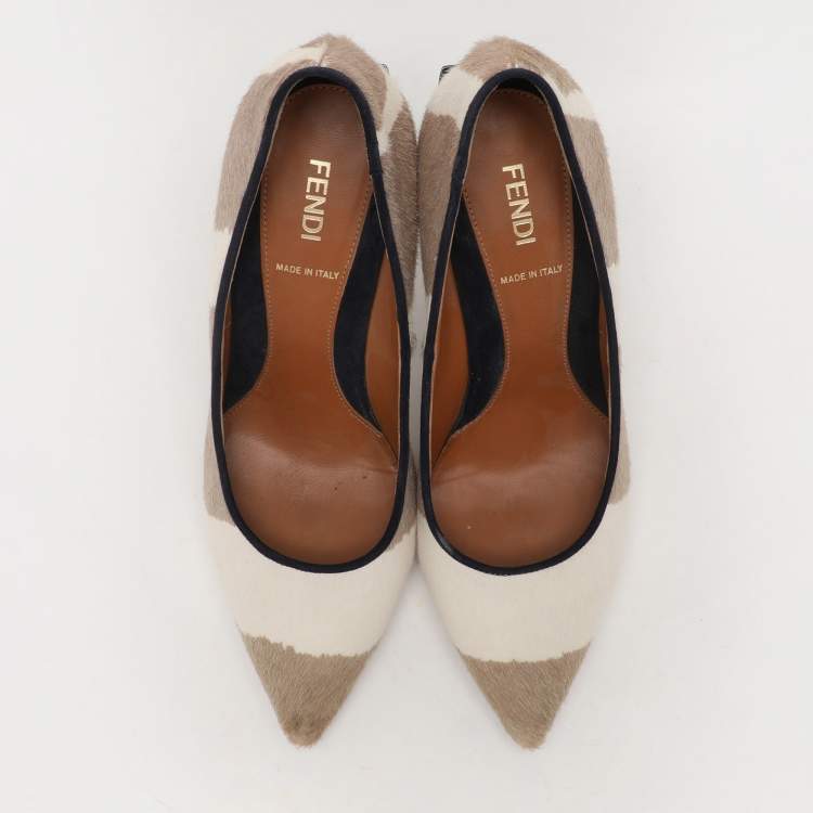 مملوكة مسبقًا Fendi Beige/White Calf Hair Diamond Pumps Size 38.5