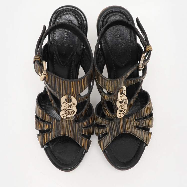 Pre Owned Fendi Black/Yellow Leather Embellished Ankle Strap Sandals Size 39