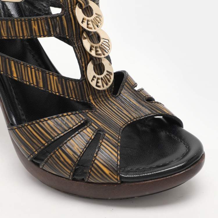 Pre Owned Fendi Black/Yellow Leather Embellished Ankle Strap Sandals Size 39