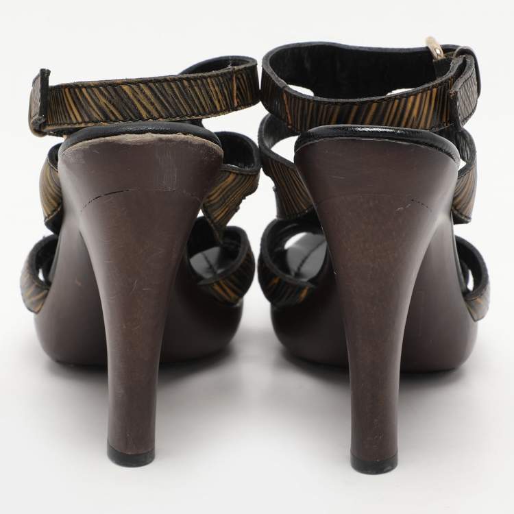 Pre Owned Fendi Black/Yellow Leather Embellished Ankle Strap Sandals Size 39