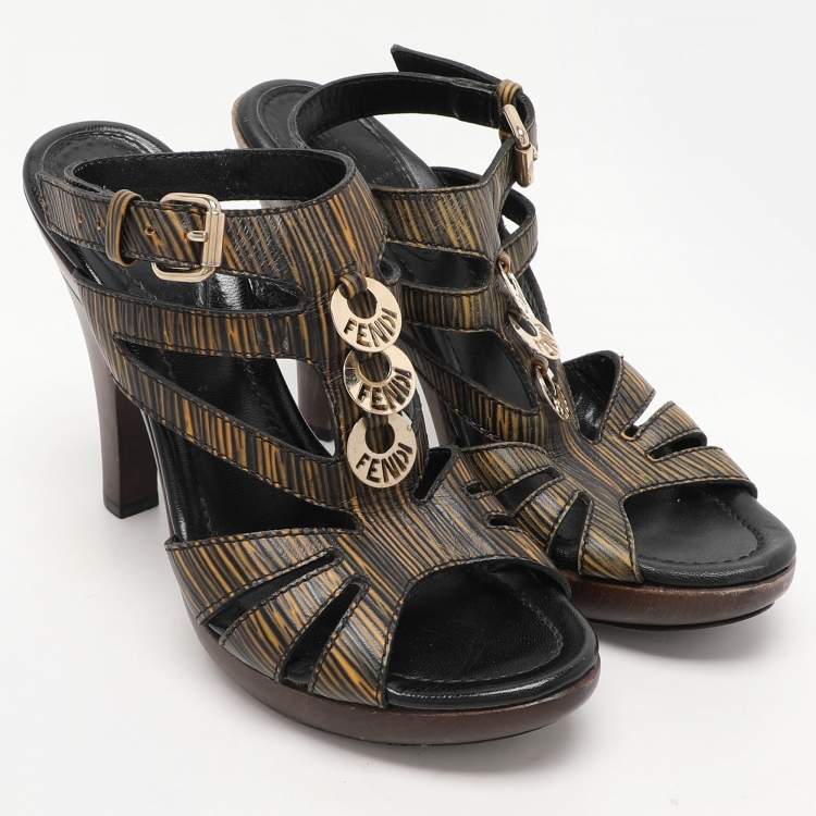 Pre Owned Fendi Black/Yellow Leather Embellished Ankle Strap Sandals Size 39