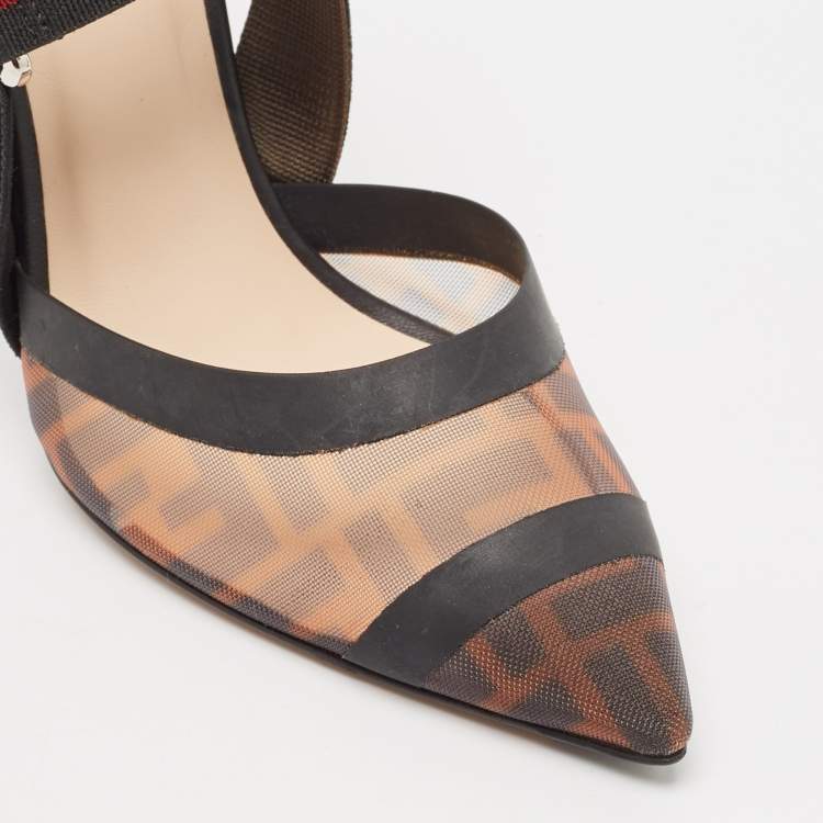 Pre Owned Fendi Black/Brown Zucca Mesh and Fabric Colibri Pumps Size 38