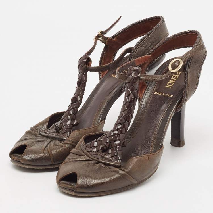 Pre Owned Fendi Brown Leather T Strap Peep Toe Ankle Strap Sandals Size 38