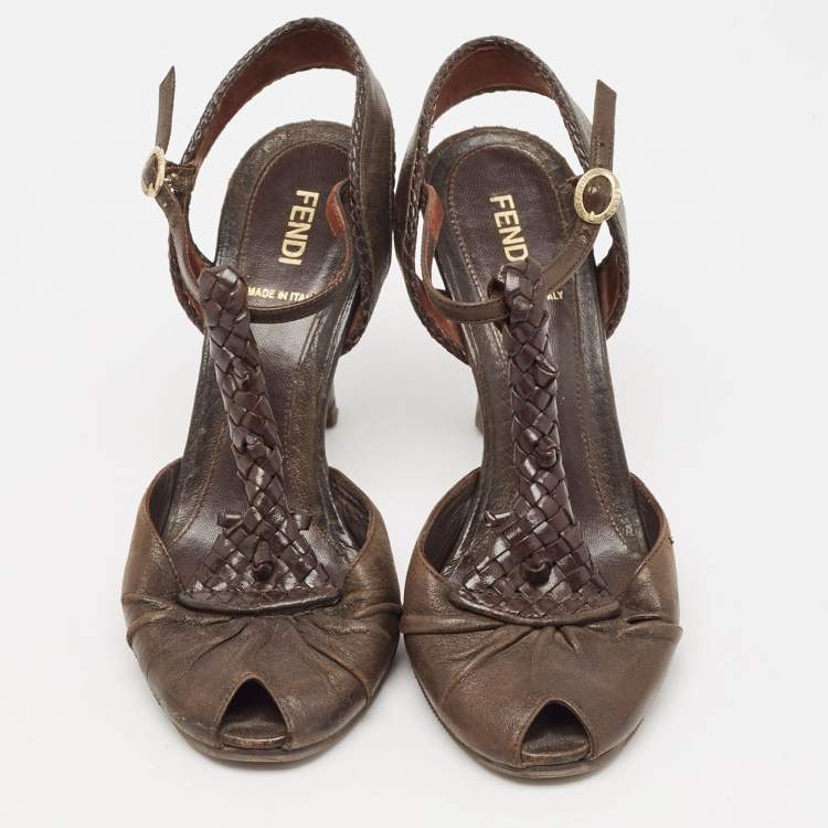 Pre Owned Fendi Brown Leather T Strap Peep Toe Ankle Strap Sandals Size 38