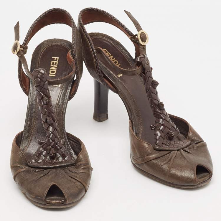 Pre Owned Fendi Brown Leather T Strap Peep Toe Ankle Strap Sandals Size 38