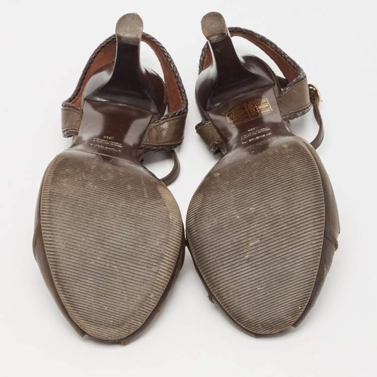 Pre Owned Fendi Brown Leather T Strap Peep Toe Ankle Strap Sandals Size 38