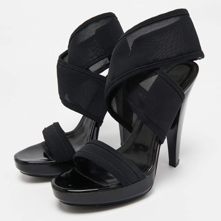 Pre Owned Fendi Black Mesh and Patent Ankle Strap Sandals Size 38