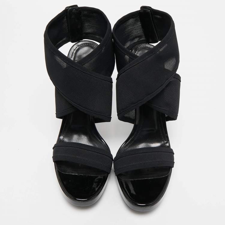 Pre Owned Fendi Black Mesh and Patent Ankle Strap Sandals Size 38