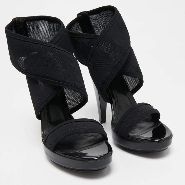 Pre Owned Fendi Black Mesh and Patent Ankle Strap Sandals Size 38