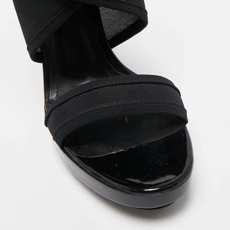 Pre Owned Fendi Black Mesh and Patent Ankle Strap Sandals Size 38
