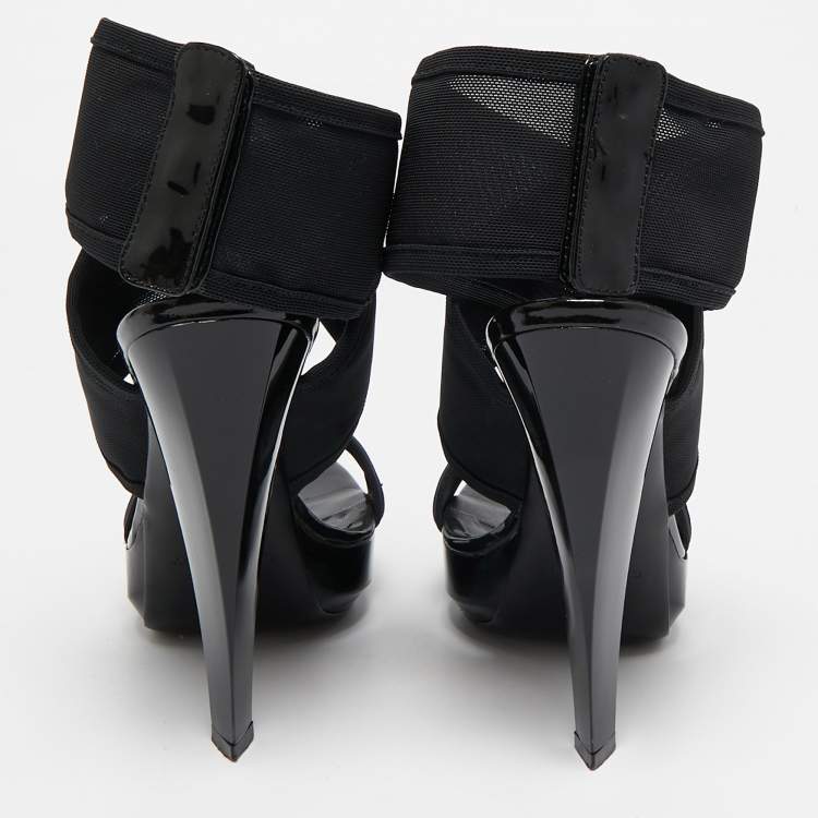 Pre Owned Fendi Black Mesh and Patent Ankle Strap Sandals Size 38