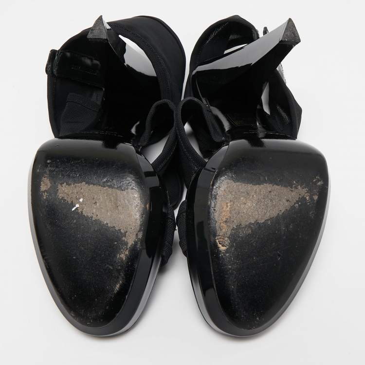 Pre Owned Fendi Black Mesh and Patent Ankle Strap Sandals Size 38