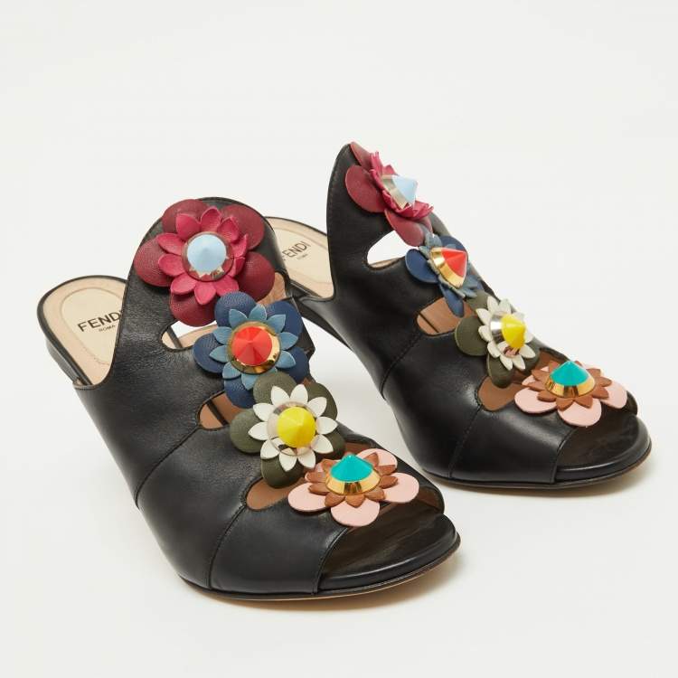 Pre Owned Fendi Black Leather Floral Applique Mules Size 37.5