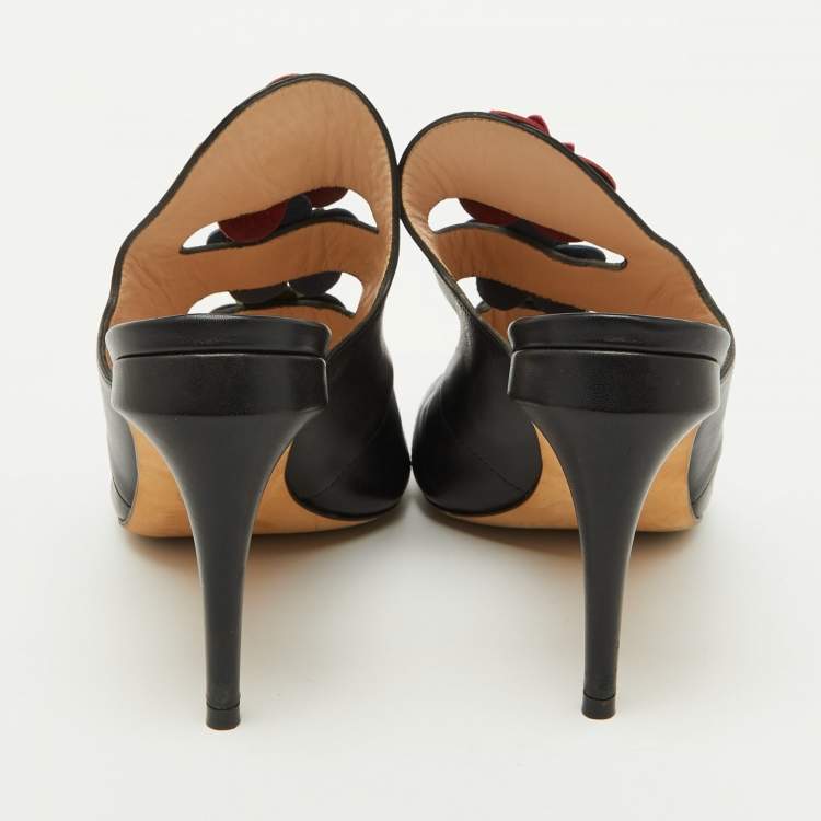 Pre Owned Fendi Black Leather Floral Applique Mules Size 37.5