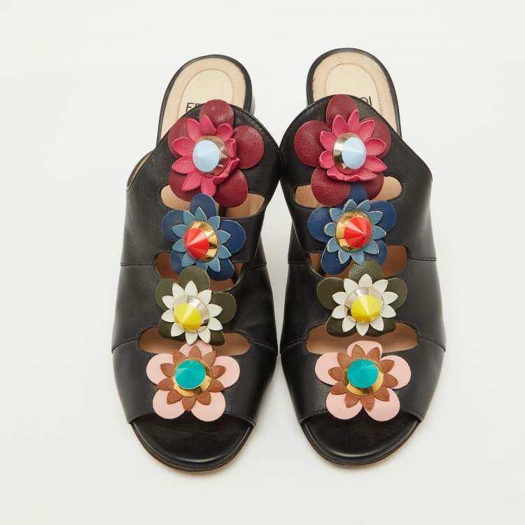 Pre Owned Fendi Black Leather Floral Applique Mules Size 37.5