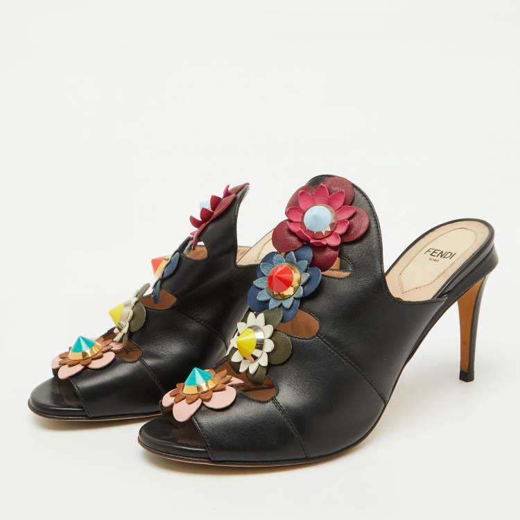 Pre Owned Fendi Black Leather Floral Applique Mules Size 37.5