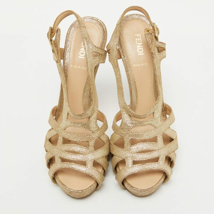 Pre Owned Fendi Metallic Gold Suede Caged Ankle Strap Platform Sandals Size 37.5