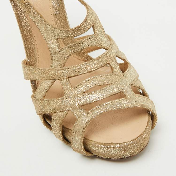 Pre Owned Fendi Metallic Gold Suede Caged Ankle Strap Platform Sandals Size 37.5
