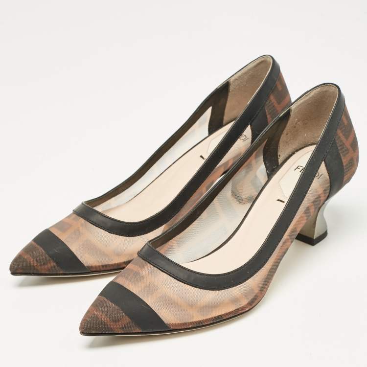 Pre Owned Fendi Brown/Black Leather and Mesh Colibri Pumps Size 35