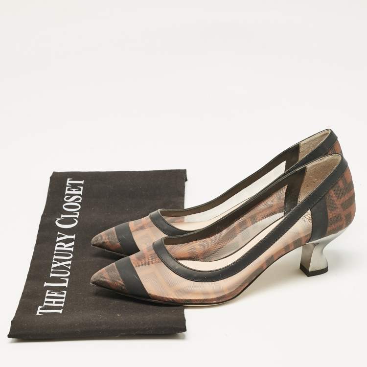 Pre Owned Fendi Brown/Black Leather and Mesh Colibri Pumps Size 35