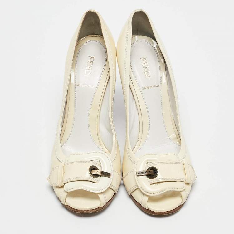 Pre Owned Fendi Cream Patent Leather Buckle Detail Open Toe Pumps  Size 38