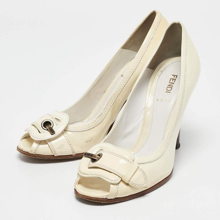 Pre Owned Fendi Cream Patent Leather Buckle Detail Open Toe Pumps  Size 38