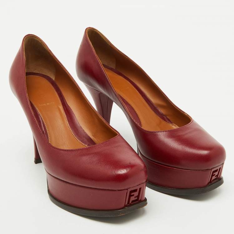Pre Owned Fendi Dark Red Leather Fendista Platform Pumps Size 37