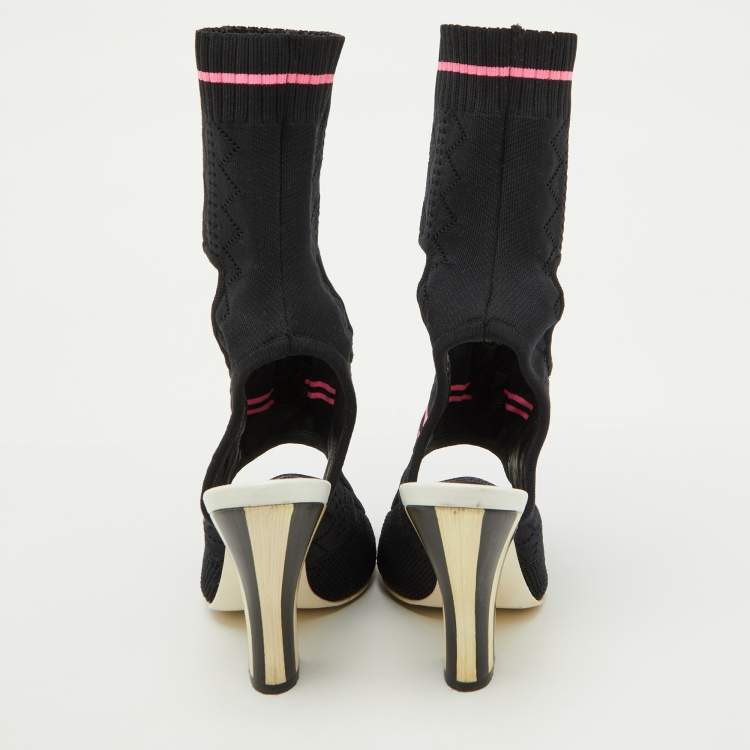 Pre Owned Fendi Black Knit Fabric Peep Toe Cut Out Sandals Size 37