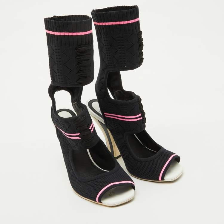 Pre Owned Fendi Black Knit Fabric Peep Toe Cut Out Sandals Size 37