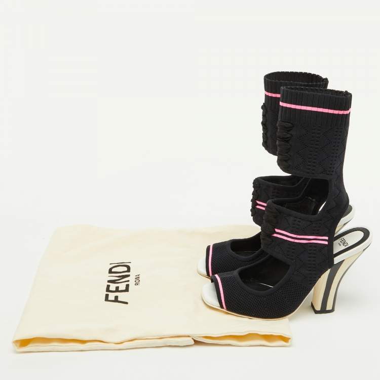 Pre Owned Fendi Black Knit Fabric Peep Toe Cut Out Sandals Size 37