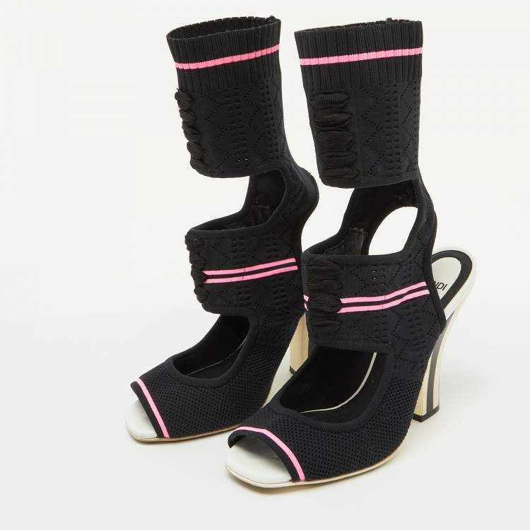 Pre Owned Fendi Black Knit Fabric Peep Toe Cut Out Sandals Size 37