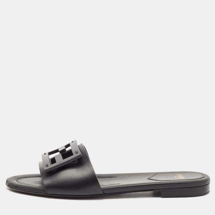 Pre Owned Fendi Black Leather Logo Flat Slides Size 36.5