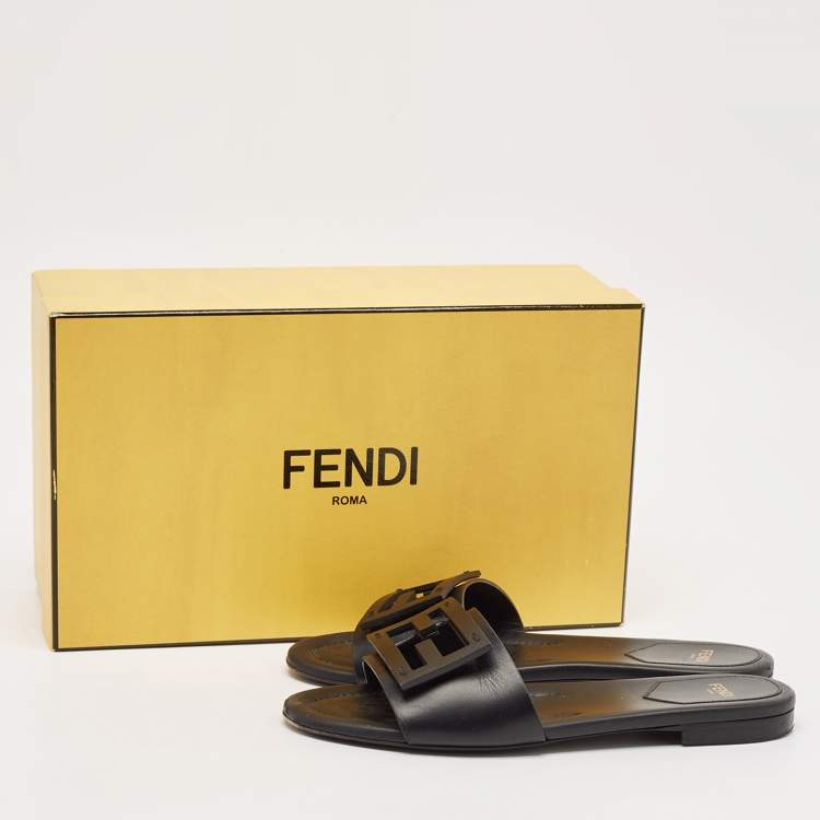 Pre Owned Fendi Black Leather Logo Flat Slides Size 36.5