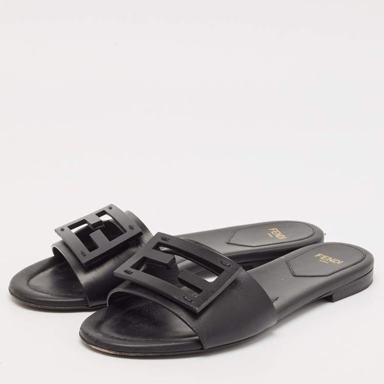 Pre Owned Fendi Black Leather Logo Flat Slides Size 36.5