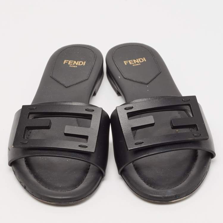 Pre Owned Fendi Black Leather Logo Flat Slides Size 36.5