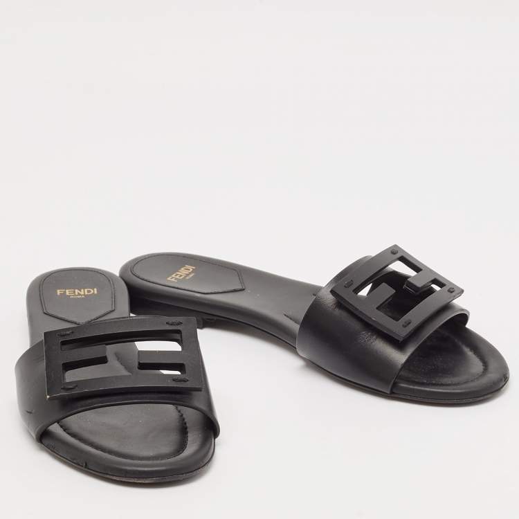 Pre Owned Fendi Black Leather Logo Flat Slides Size 36.5