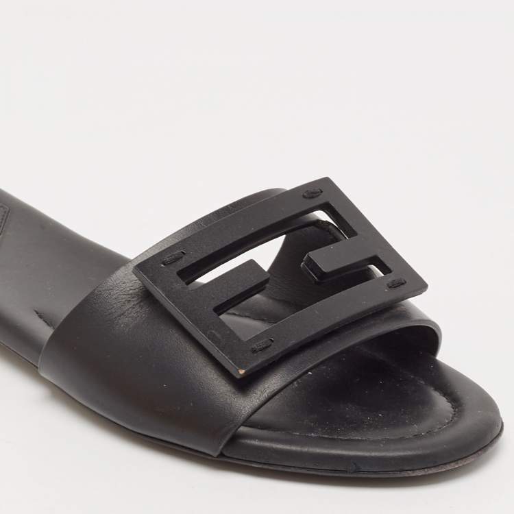 Pre Owned Fendi Black Leather Logo Flat Slides Size 36.5